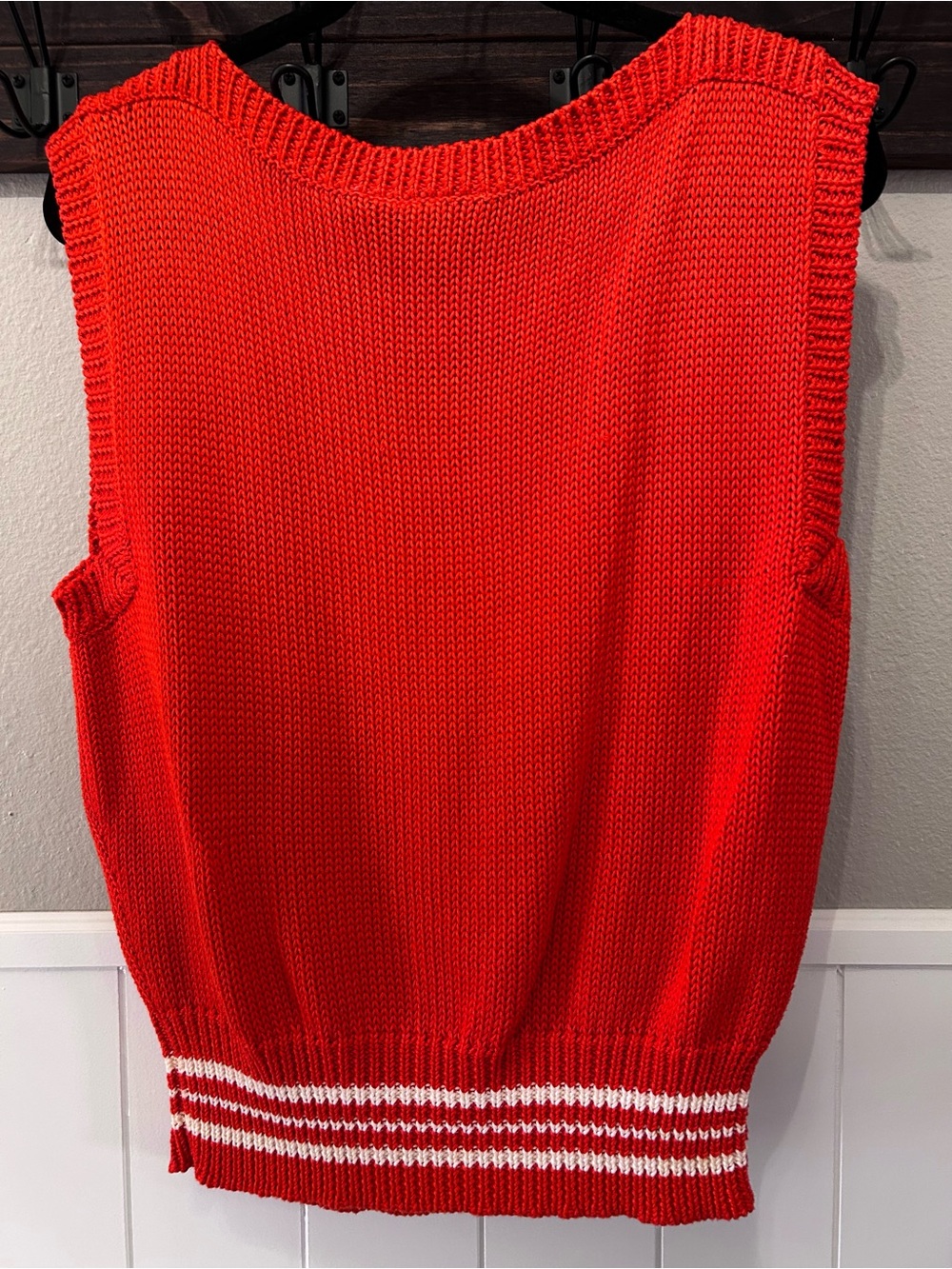 Vintage Liz Claiborne Cotton Poppy Red Chunky Knit Sweater Vest Stripe Waistband - Picture 4 of 4